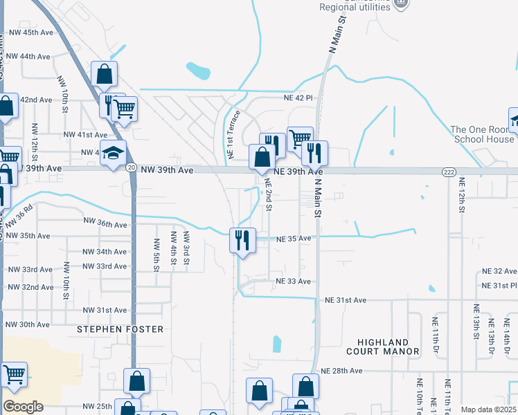 map of restaurants, bars, coffee shops, grocery stores, and more near 3638 Northeast 1st Terrace in Gainesville