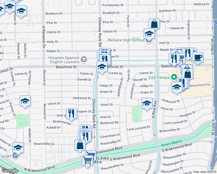 map of restaurants, bars, coffee shops, grocery stores, and more near 5227 Indigo Street in Houston