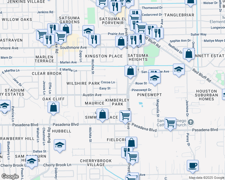 map of restaurants, bars, coffee shops, grocery stores, and more near 2610 Easy Lane in Pasadena