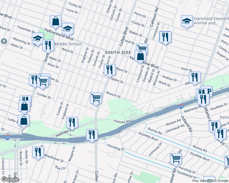 map of restaurants, bars, coffee shops, grocery stores, and more near 6924 New York Street in Houston