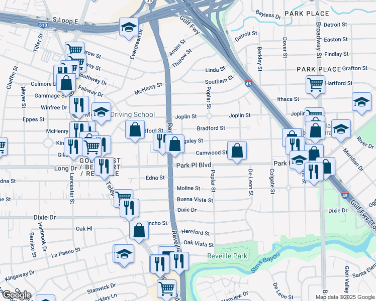 map of restaurants, bars, coffee shops, grocery stores, and more near 7607 Camwood Street in Houston