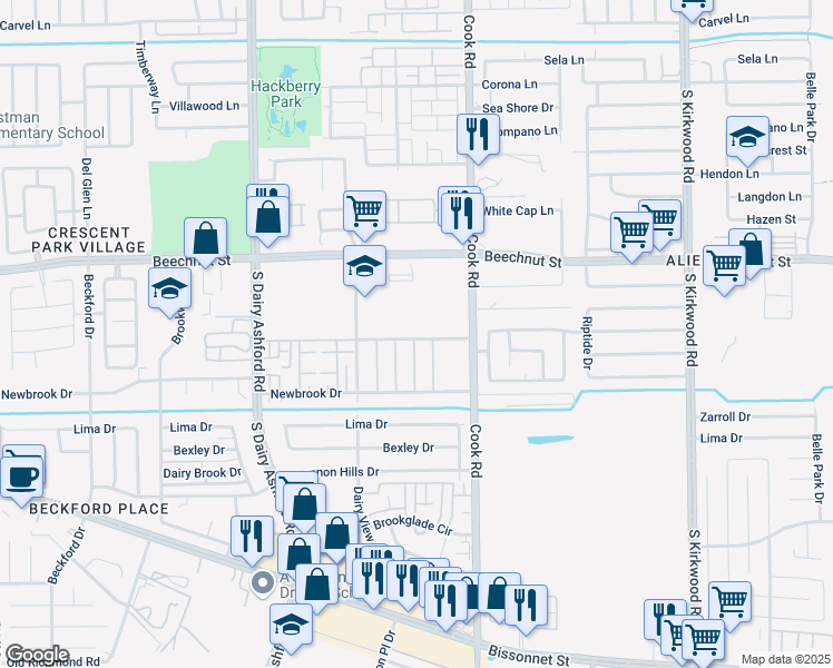 map of restaurants, bars, coffee shops, grocery stores, and more near 12378 Wellington Park Drive in Houston