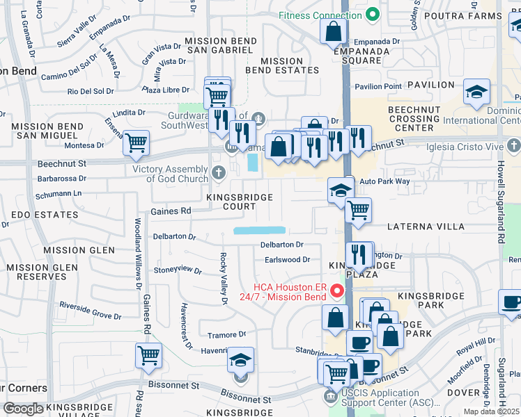 map of restaurants, bars, coffee shops, grocery stores, and more near 8311 Wahl Manor Court in Houston