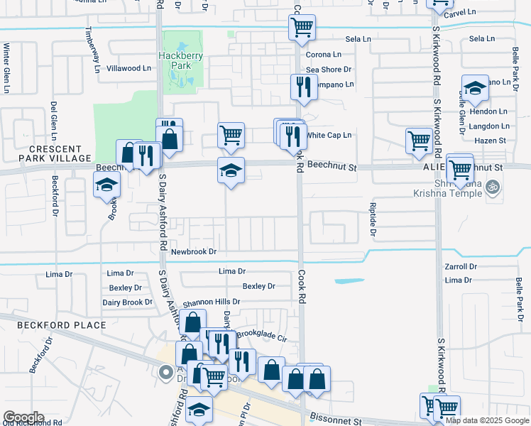 map of restaurants, bars, coffee shops, grocery stores, and more near 12350 Wellington Park Drive in Houston