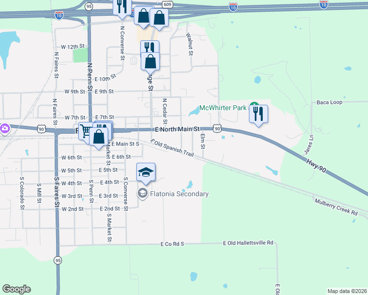 map of restaurants, bars, coffee shops, grocery stores, and more near 120 South Mesquite Street in Flatonia