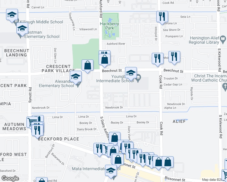 map of restaurants, bars, coffee shops, grocery stores, and more near 12546 Wellington Park Drive in Houston
