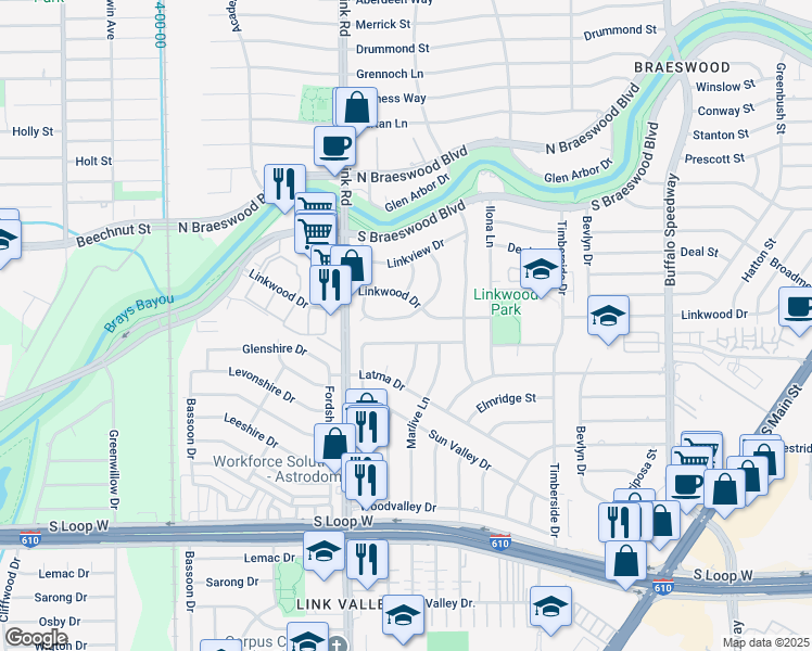 map of restaurants, bars, coffee shops, grocery stores, and more near 3811 Linklea Drive in Houston