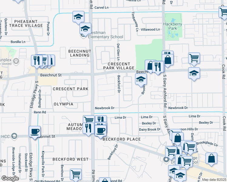 map of restaurants, bars, coffee shops, grocery stores, and more near 13003 Dawn Hollow Lane in Houston