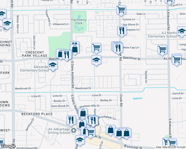 map of restaurants, bars, coffee shops, grocery stores, and more near 12522 Wellington Park Drive in Houston