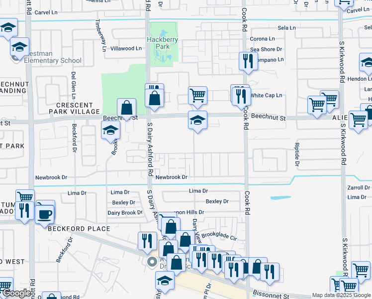 map of restaurants, bars, coffee shops, grocery stores, and more near 12522 Wellington Park Drive in Houston
