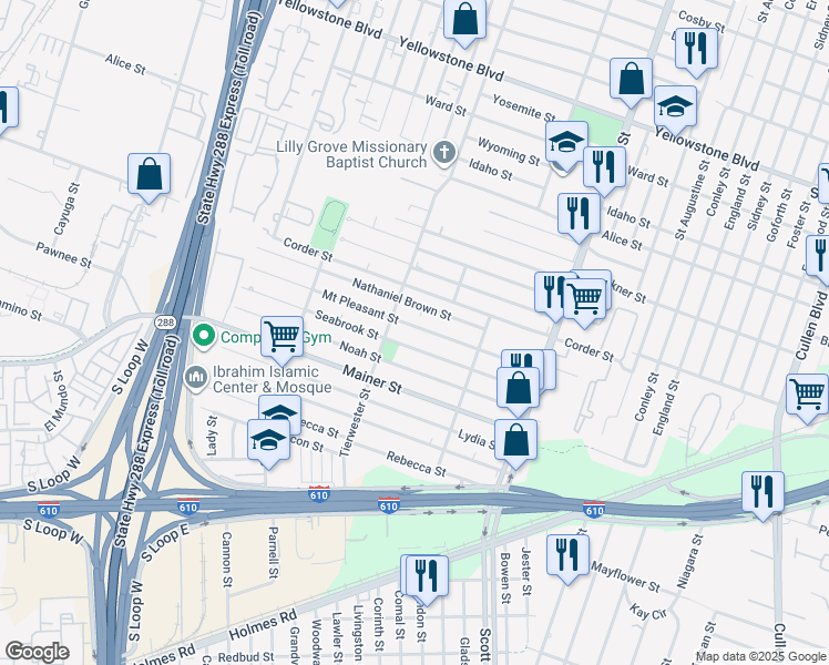 map of restaurants, bars, coffee shops, grocery stores, and more near 3622 Mount Pleasant Street in Houston