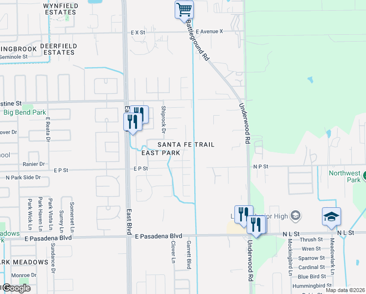 map of restaurants, bars, coffee shops, grocery stores, and more near 2610 Red River Trail in Deer Park