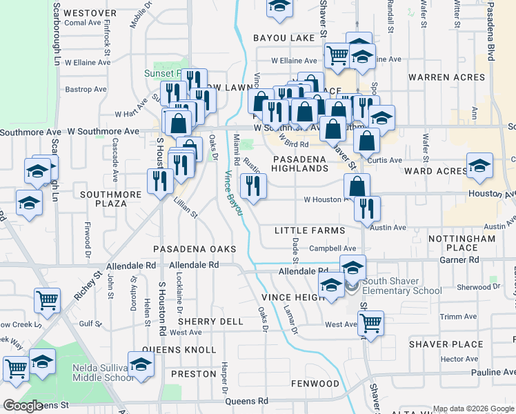 map of restaurants, bars, coffee shops, grocery stores, and more near 403 West Houston Avenue in Pasadena