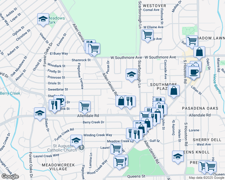map of restaurants, bars, coffee shops, grocery stores, and more near 5740 Sweetbriar Street in Houston