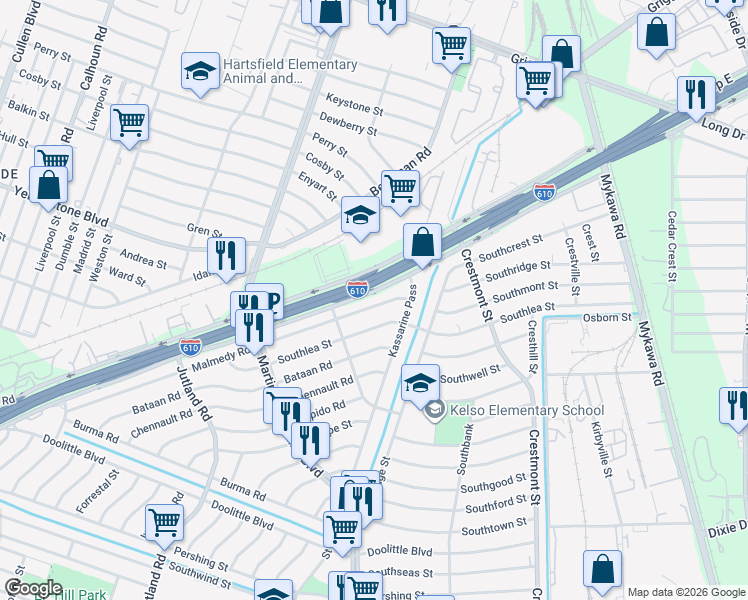 map of restaurants, bars, coffee shops, grocery stores, and more near 5605 Malmedy Road in Houston