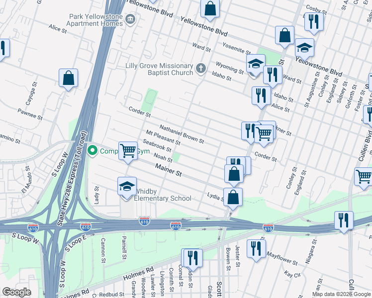 map of restaurants, bars, coffee shops, grocery stores, and more near 3622 Mount Pleasant Street in Houston