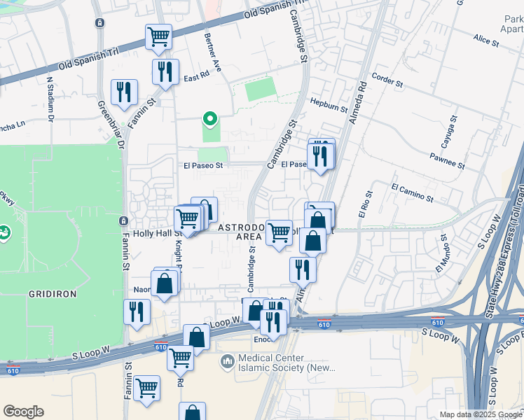 map of restaurants, bars, coffee shops, grocery stores, and more near 8282 Cambridge Street in Houston