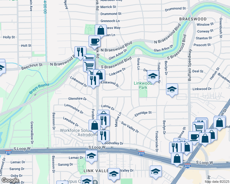 map of restaurants, bars, coffee shops, grocery stores, and more near 3811 Linklea Drive in Houston