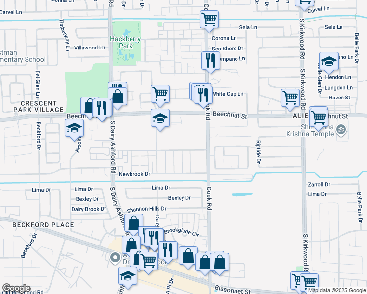 map of restaurants, bars, coffee shops, grocery stores, and more near 12350 Wellington Park Drive in Houston