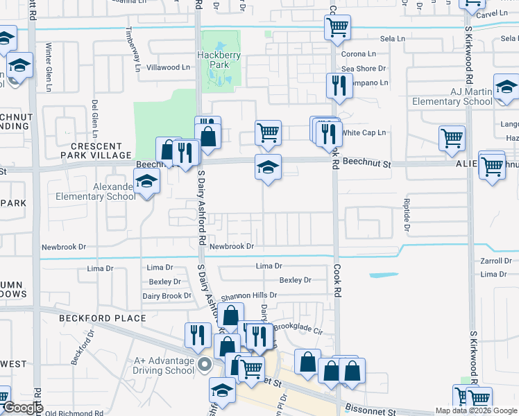map of restaurants, bars, coffee shops, grocery stores, and more near 12522 Wellington Park Drive in Houston