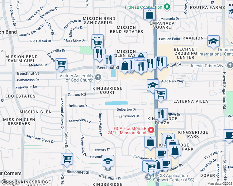 map of restaurants, bars, coffee shops, grocery stores, and more near 8311 Wahl Manor Court in Houston