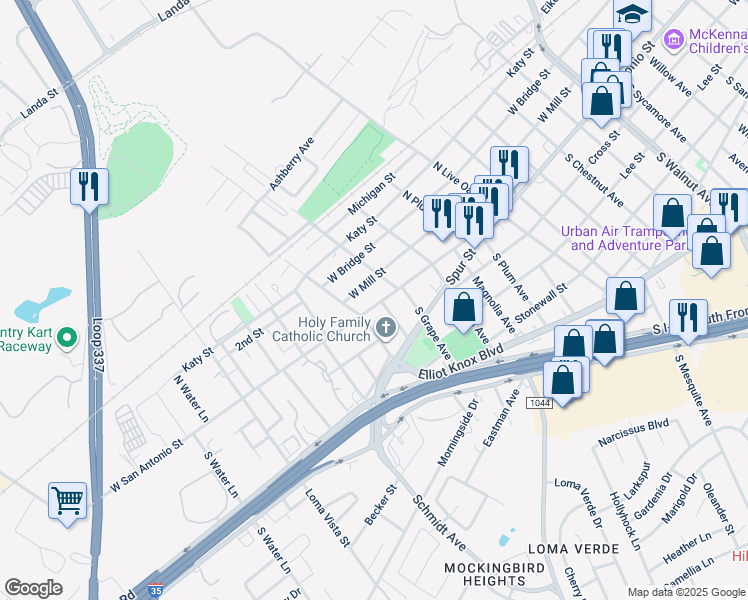 map of restaurants, bars, coffee shops, grocery stores, and more near 2248 West San Antonio Street in New Braunfels