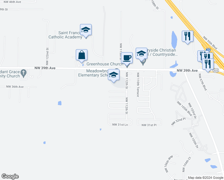 map of restaurants, bars, coffee shops, grocery stores, and more near 11336 Northwest 36th Avenue in Gainesville