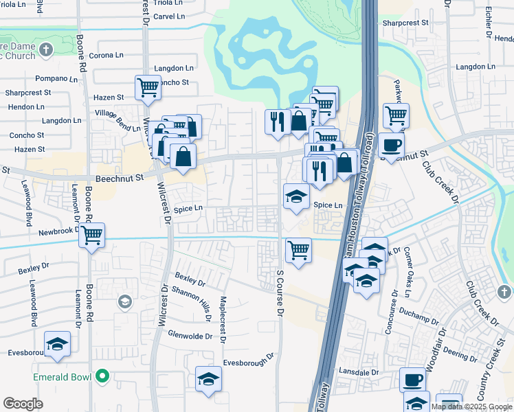 map of restaurants, bars, coffee shops, grocery stores, and more near Spice Lane in Houston