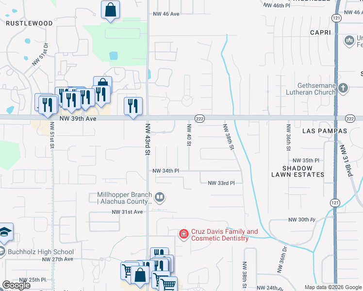 map of restaurants, bars, coffee shops, grocery stores, and more near 3619 Northwest 40th Terrace in Gainesville