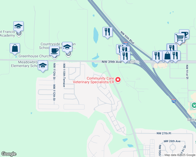 map of restaurants, bars, coffee shops, grocery stores, and more near 10514 Northwest 36th Place in Gainesville
