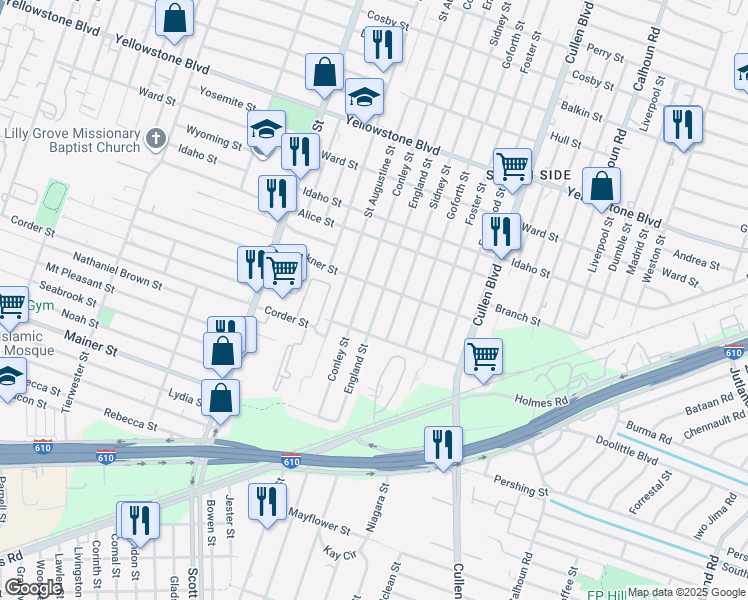 map of restaurants, bars, coffee shops, grocery stores, and more near 7108 England Street in Houston