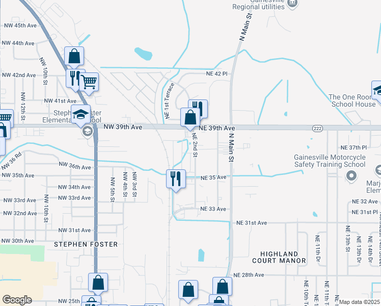 map of restaurants, bars, coffee shops, grocery stores, and more near 144 Northeast 37th Place in Gainesville