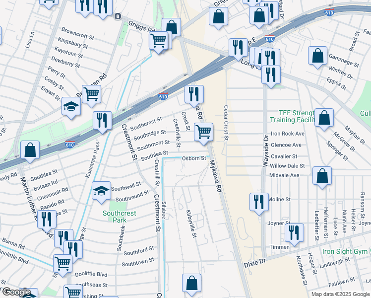 map of restaurants, bars, coffee shops, grocery stores, and more near 6011 Southlea Street in Houston