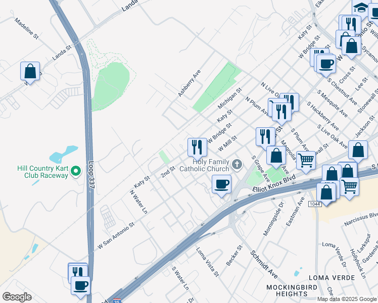map of restaurants, bars, coffee shops, grocery stores, and more near 2414 2nd Street in New Braunfels