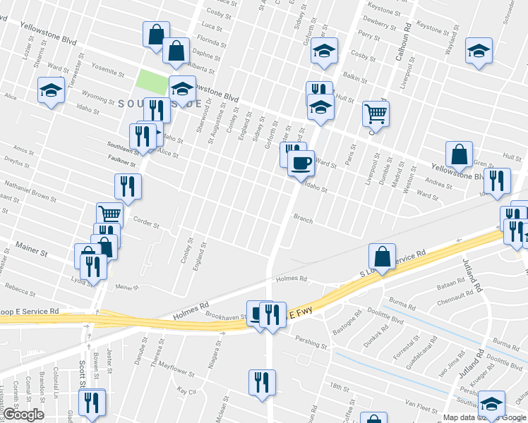 map of restaurants, bars, coffee shops, grocery stores, and more near 7031 Foster Street in Houston