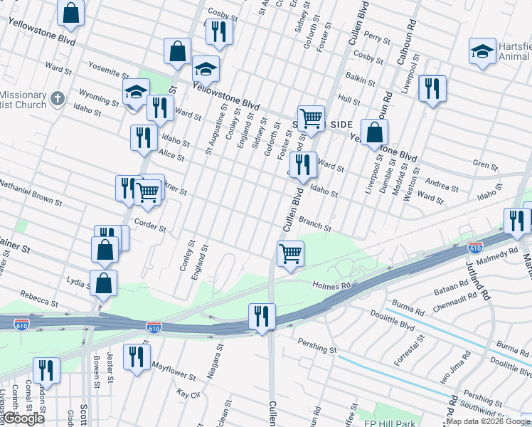 map of restaurants, bars, coffee shops, grocery stores, and more near 7031 Foster Street in Houston