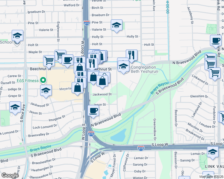 map of restaurants, bars, coffee shops, grocery stores, and more near 8752 Meyer Park Drive in Houston