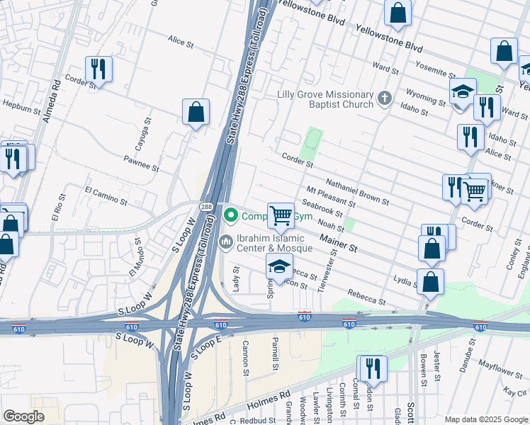 map of restaurants, bars, coffee shops, grocery stores, and more near 3429 Mainer Street in Houston