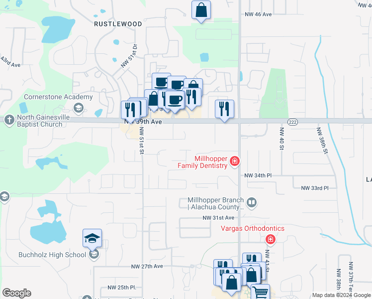 map of restaurants, bars, coffee shops, grocery stores, and more near 472 Northwest 36th Place in Gainesville