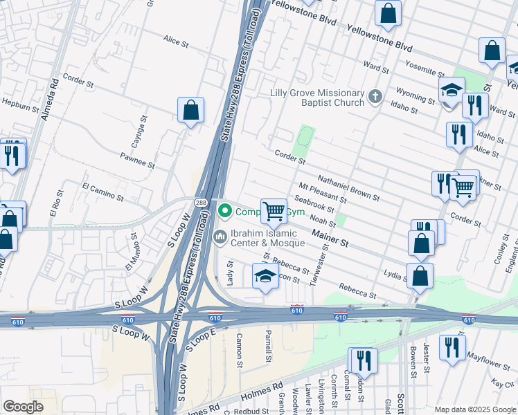 map of restaurants, bars, coffee shops, grocery stores, and more near 3429 Mainer Street in Houston