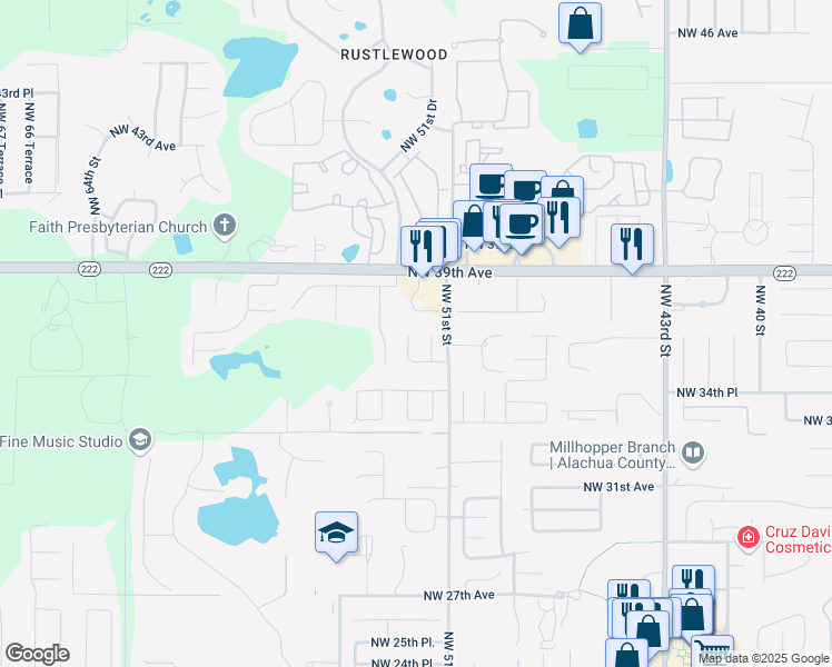 map of restaurants, bars, coffee shops, grocery stores, and more near 3624 Northwest 51st Terrace in Gainesville
