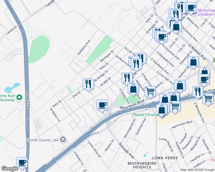 map of restaurants, bars, coffee shops, grocery stores, and more near 2248 West San Antonio Street in New Braunfels