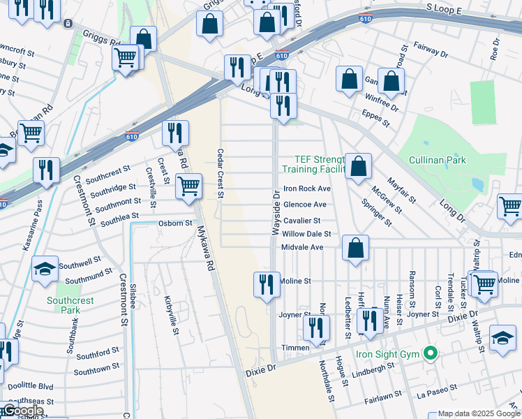 map of restaurants, bars, coffee shops, grocery stores, and more near 6118 Glencoe Avenue in Houston