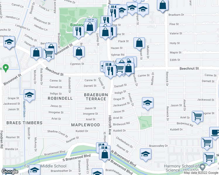 map of restaurants, bars, coffee shops, grocery stores, and more near 8510 Hillcroft Street in Houston