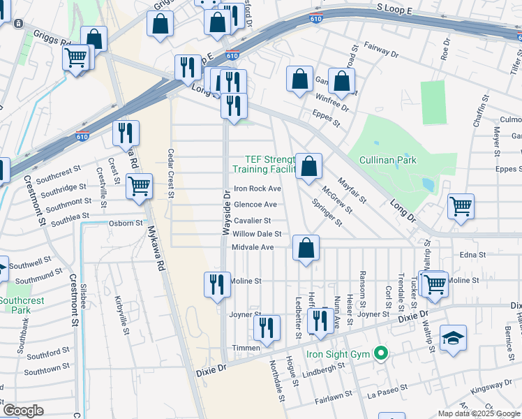 map of restaurants, bars, coffee shops, grocery stores, and more near 6310 Glencoe Avenue in Houston