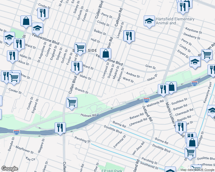 map of restaurants, bars, coffee shops, grocery stores, and more near 4808 Idaho Street in Houston