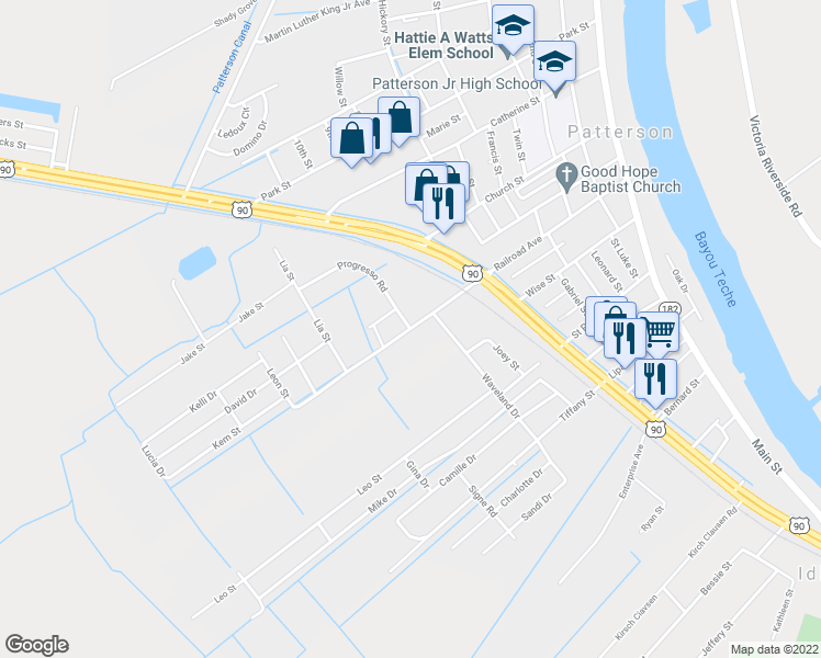 map of restaurants, bars, coffee shops, grocery stores, and more near 326 Veterans Drive in Patterson