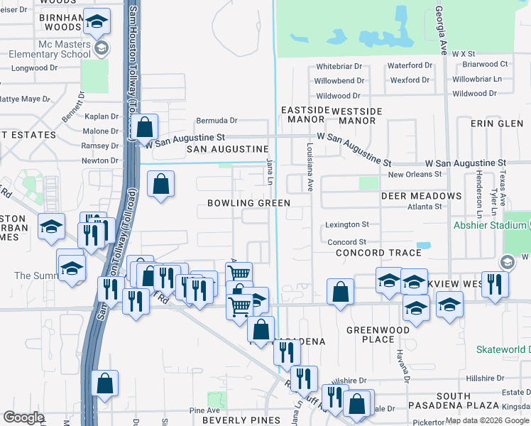 map of restaurants, bars, coffee shops, grocery stores, and more near 4274 Tiny Hur Drive in Pasadena