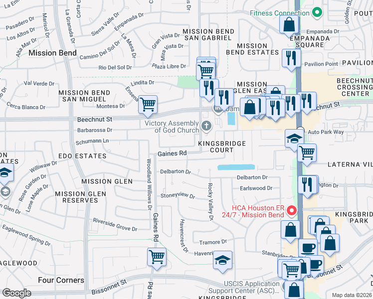map of restaurants, bars, coffee shops, grocery stores, and more near 15123 Loma Paseo Drive in Houston