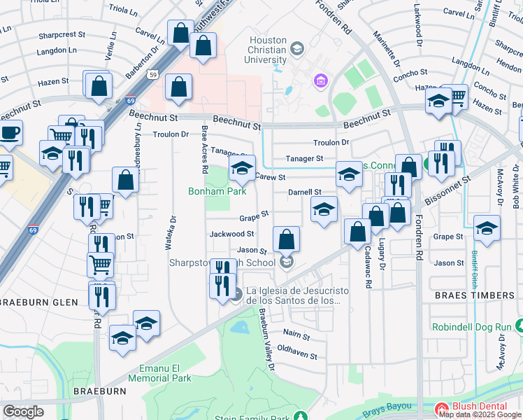 map of restaurants, bars, coffee shops, grocery stores, and more near 8419 Braes River Drive in Houston
